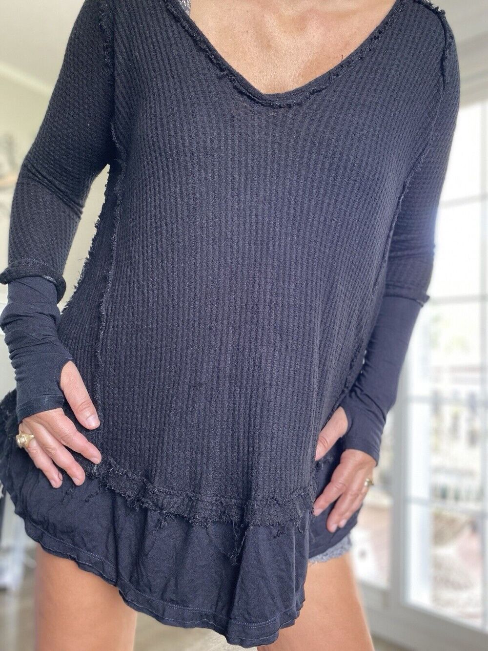 FREE PEOPLE Waffle Knit Tunic Long Sleeve Layered Pullover Style Black S/P